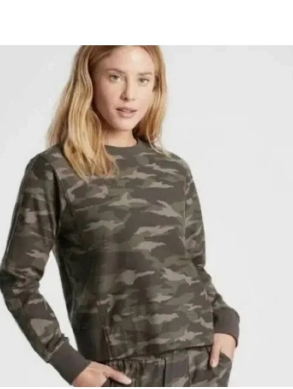 Athleta Farallon Olive Green Camo Print Crewneck Sweatshirt Large